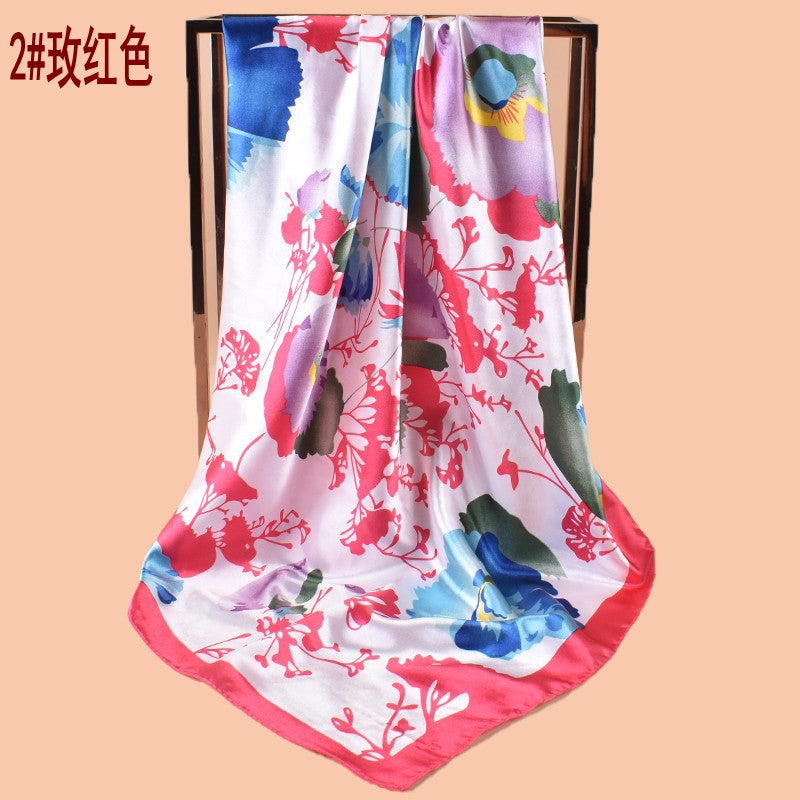 New 90cm-satin large flower sun flower printing square scarf with sunscreen, bag head silk scarf decoration, scarf