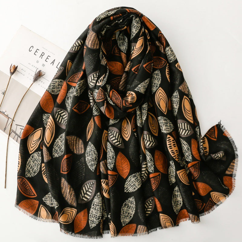 Stylish and simple commuter cotton and linen feel scarf plant leaf rough edge silk scarf thick shawl