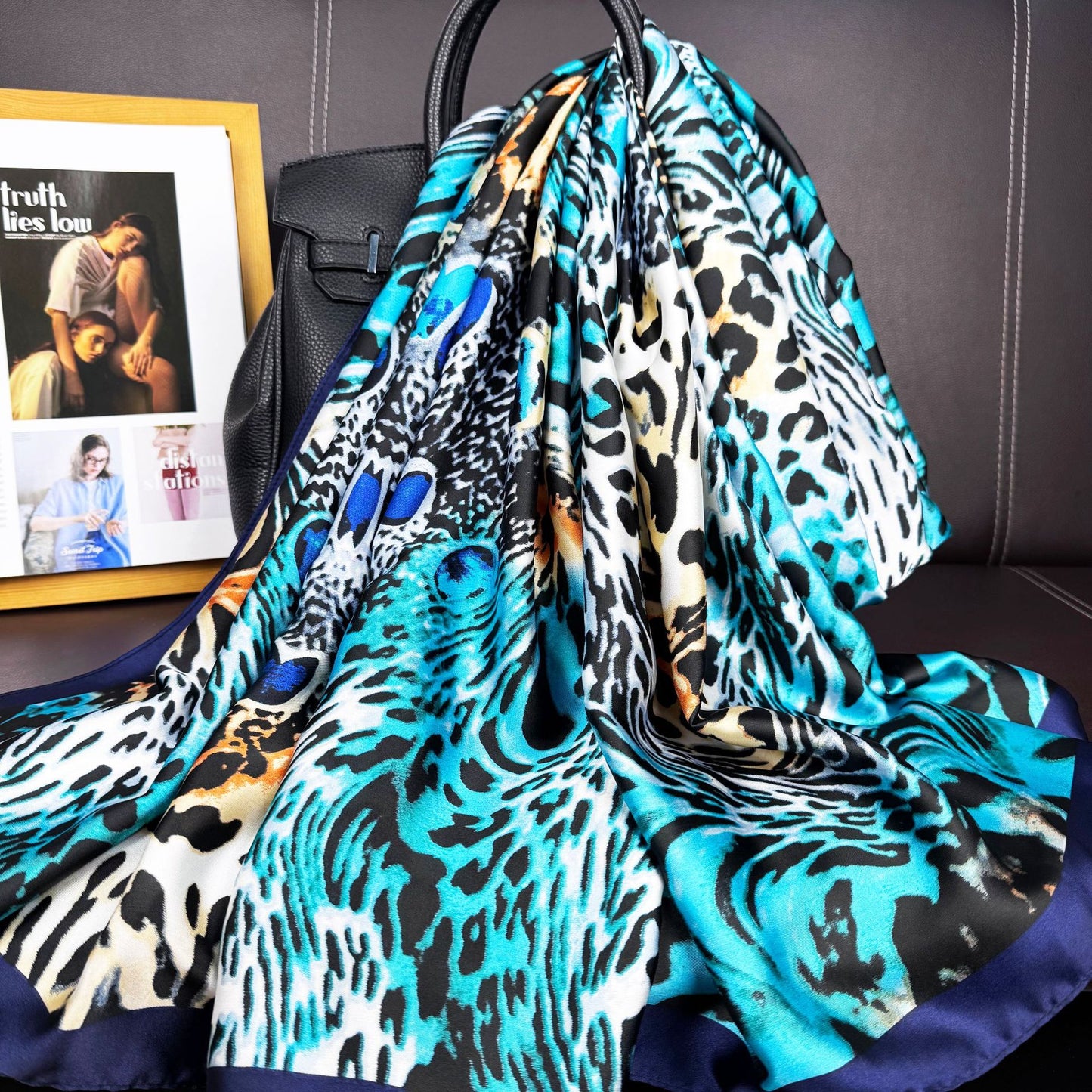 European and American fashion color leopard print brocade long silk scarf, spring, summer and autumn travel vacation sunscreen shawl scarf