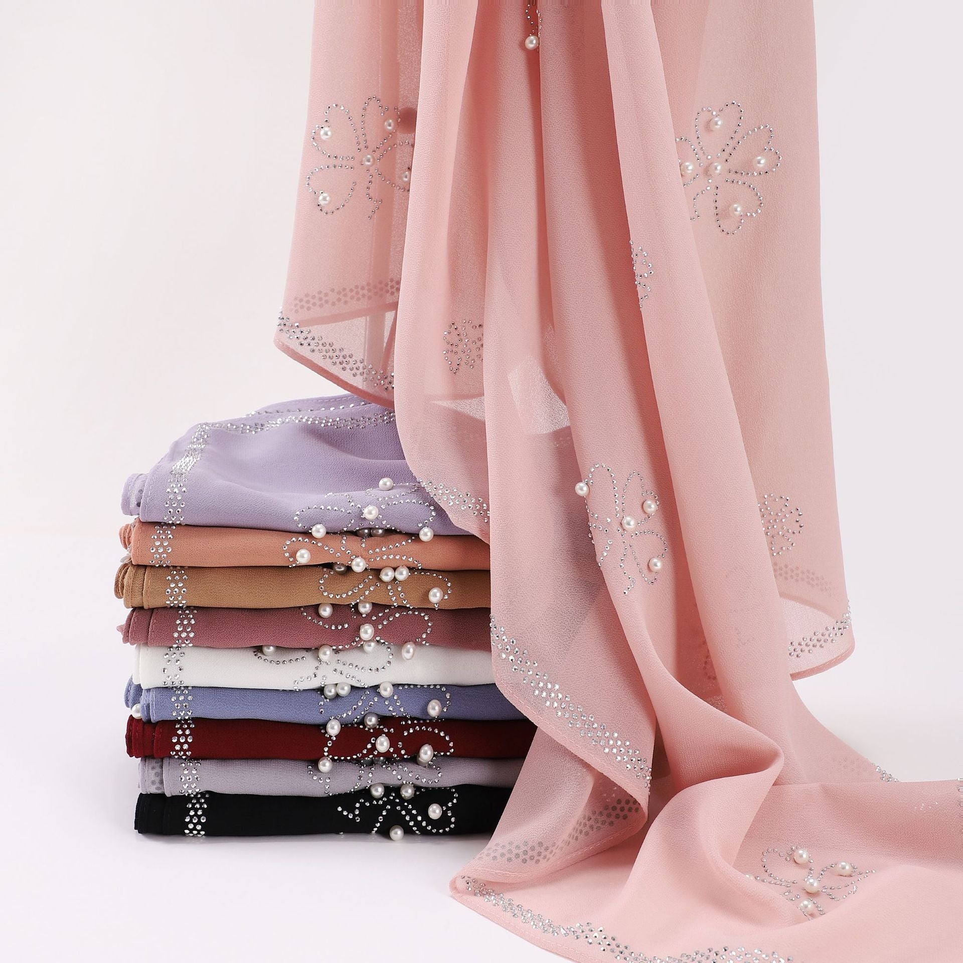New pearl chiffon Scarf hot diamond bead square shawls Malaysia headscarf