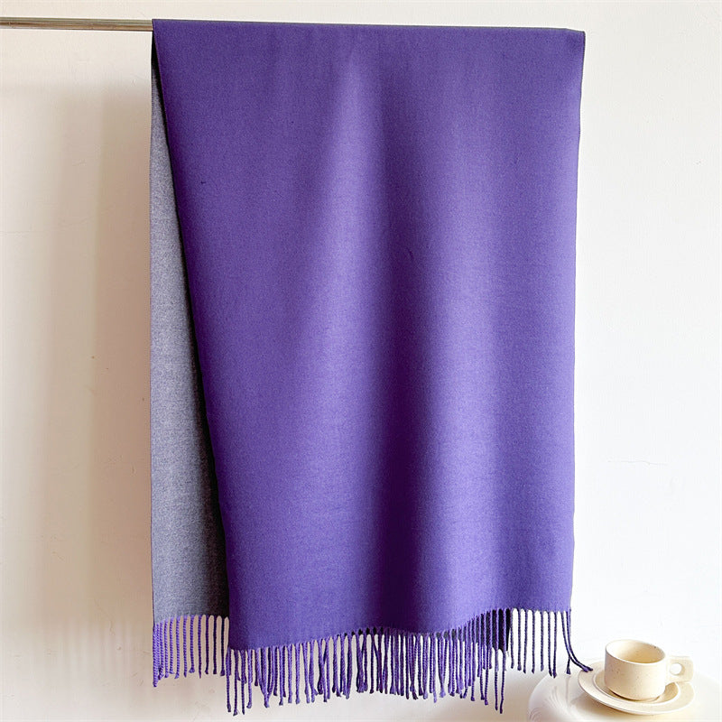 Simple solid color imitation cashmere scarf men's and women's winter thickened warm double-sided two-color versatile fringed shawl core-spun yarn