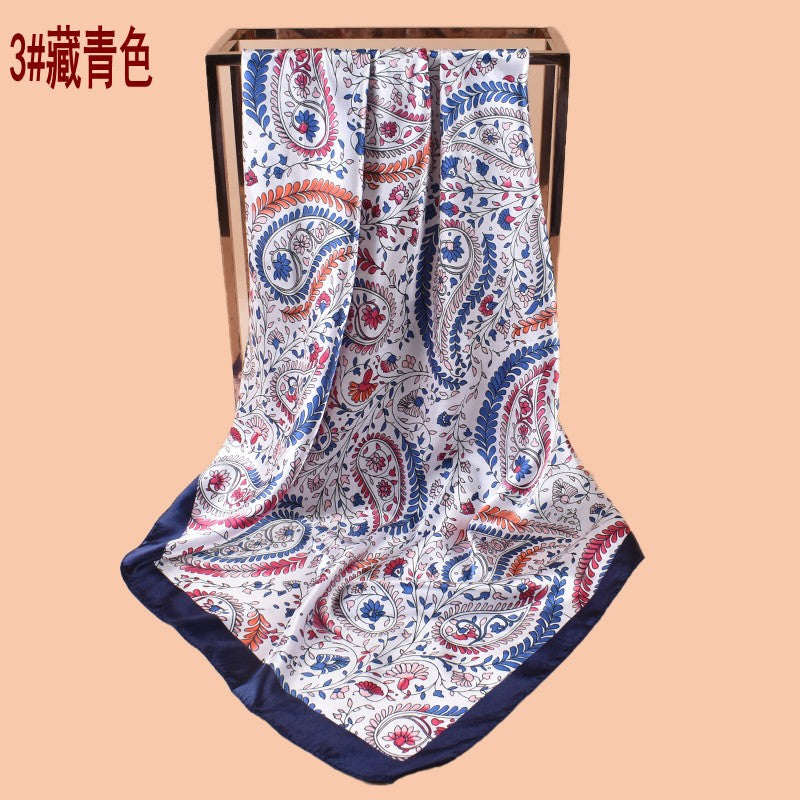 New 90cm satin leaf flower cashew flower printed square scarf with sunscreen, bag head silk scarf decoration, scarf