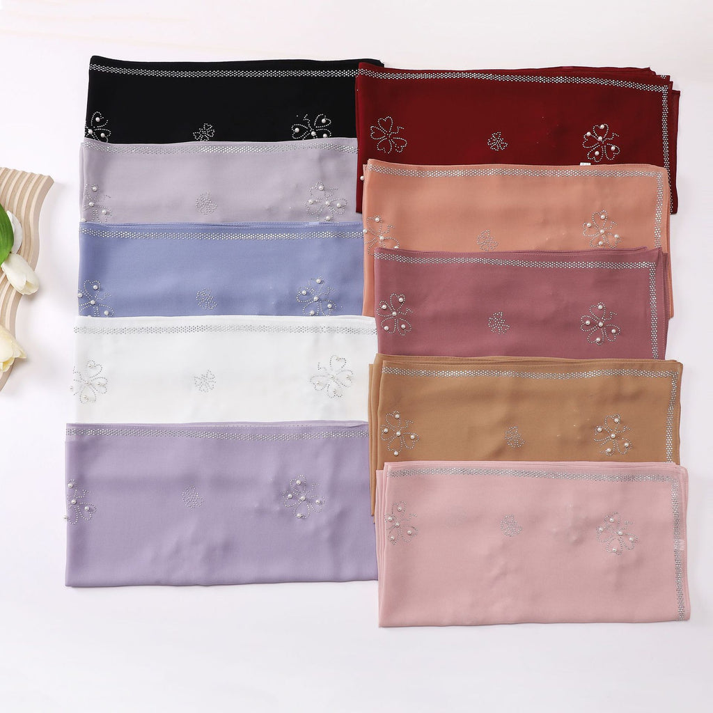 New pearl chiffon Scarf hot diamond bead square shawls Malaysia headscarf
