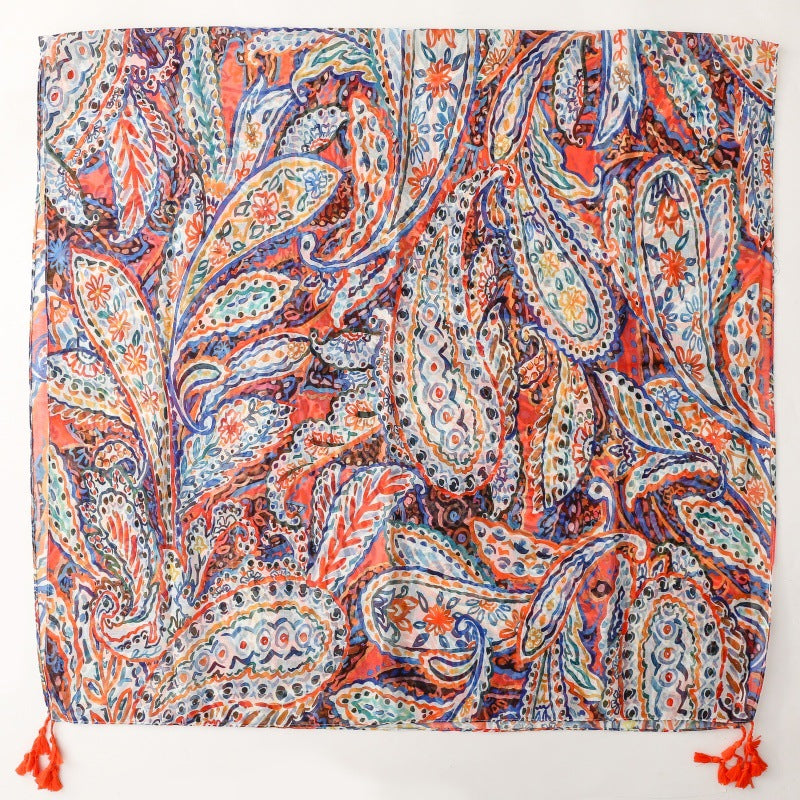 Bohemian Fashion Scarf Colored Paisley Cashew Floral Pattern Tassel Travel Accessories Silk Scarf Shawl Women