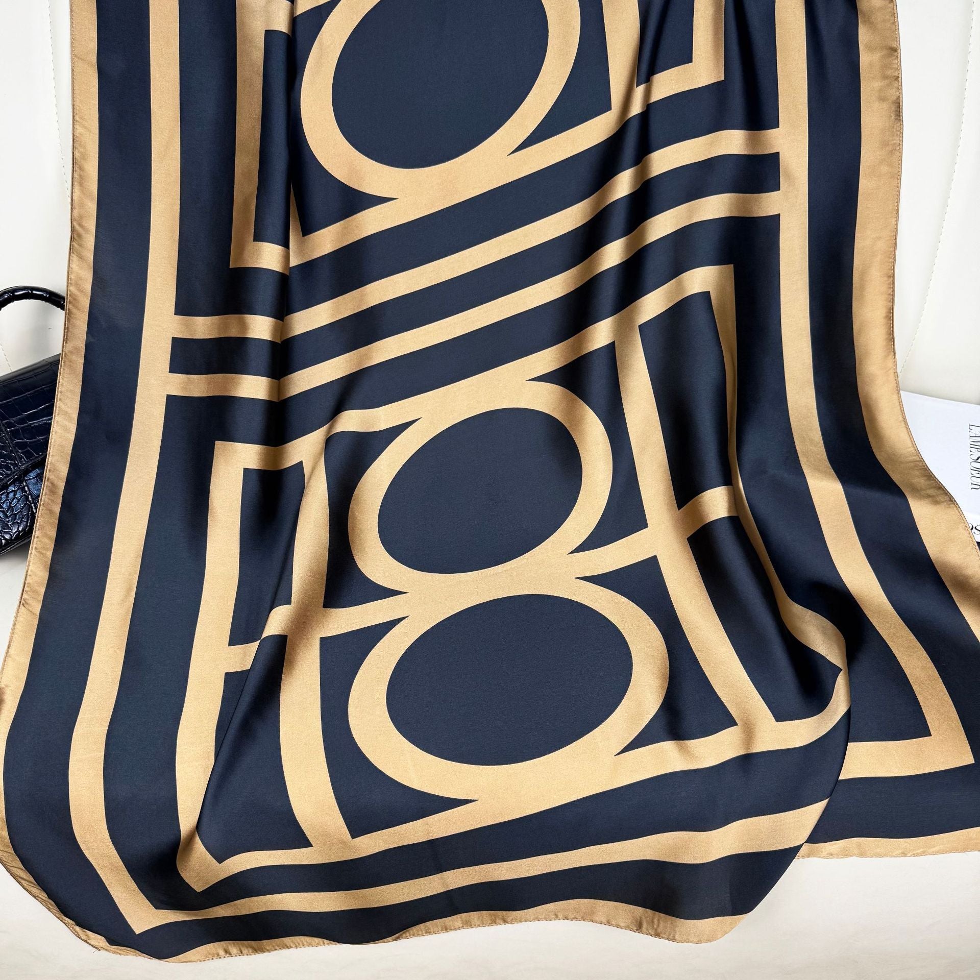 Simple and versatile geometric lines commuter printed long silk scarves, spring, summer and autumn thin travel vacation sunscreen shawls