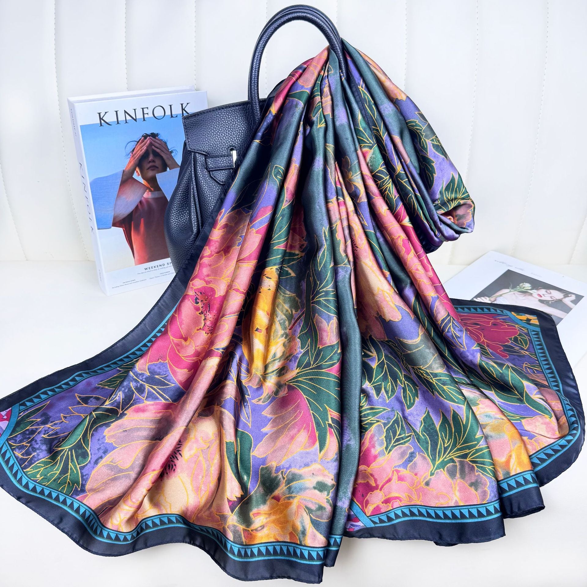 Literary retro flower beautiful brocade long silk scarf, elegant temperament mother lady decorative shawl scarf