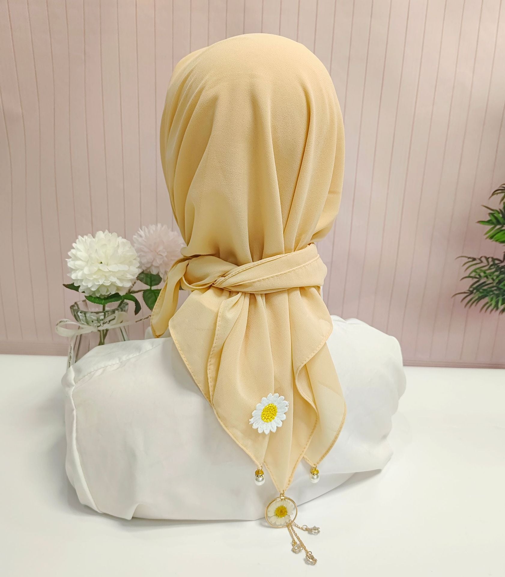 New solid color chiffon square scarf headscarf ins wind small daisy dried flower yarn hijab