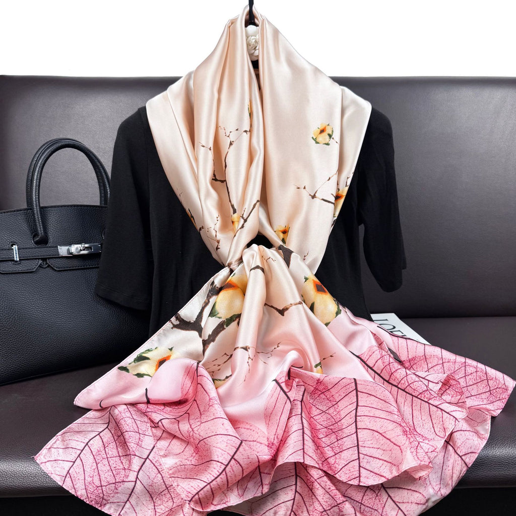 Korean version of simple and versatile plants, flowers, leaves, long silk scarves, elegant temperament, women's decoration, shawl scarf