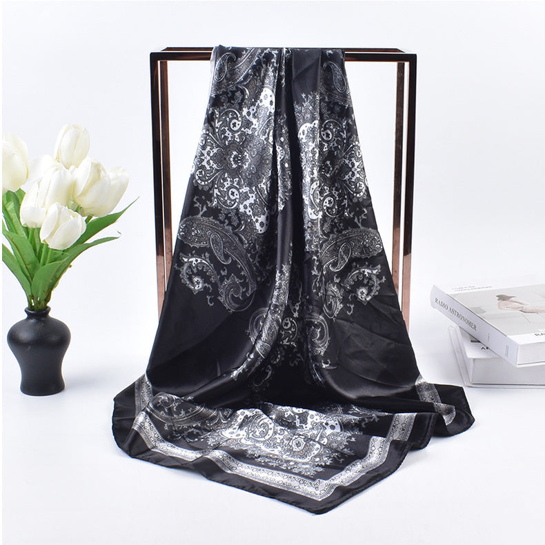 New versatile women's shawl scarf simulation silk 90 satin women's printed temperament silk scarf large square scarf headscarf