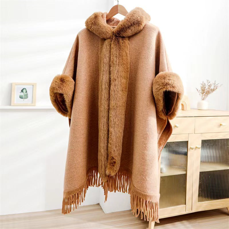 European and American autumn and winter new imitation fur collar hooded fringed knitted cardigan shawl cape jacket 0858 #