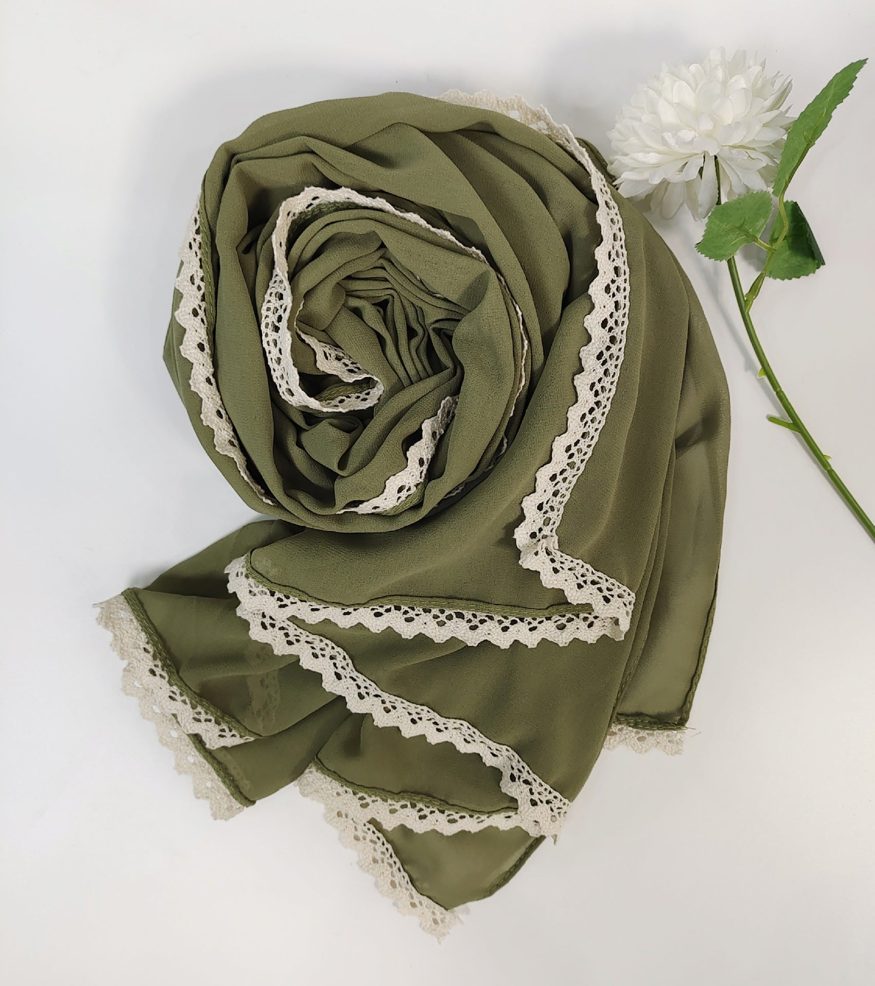 New ins fashion monochrome pearl chiffon lace fringed  scarf headscarf hijab
