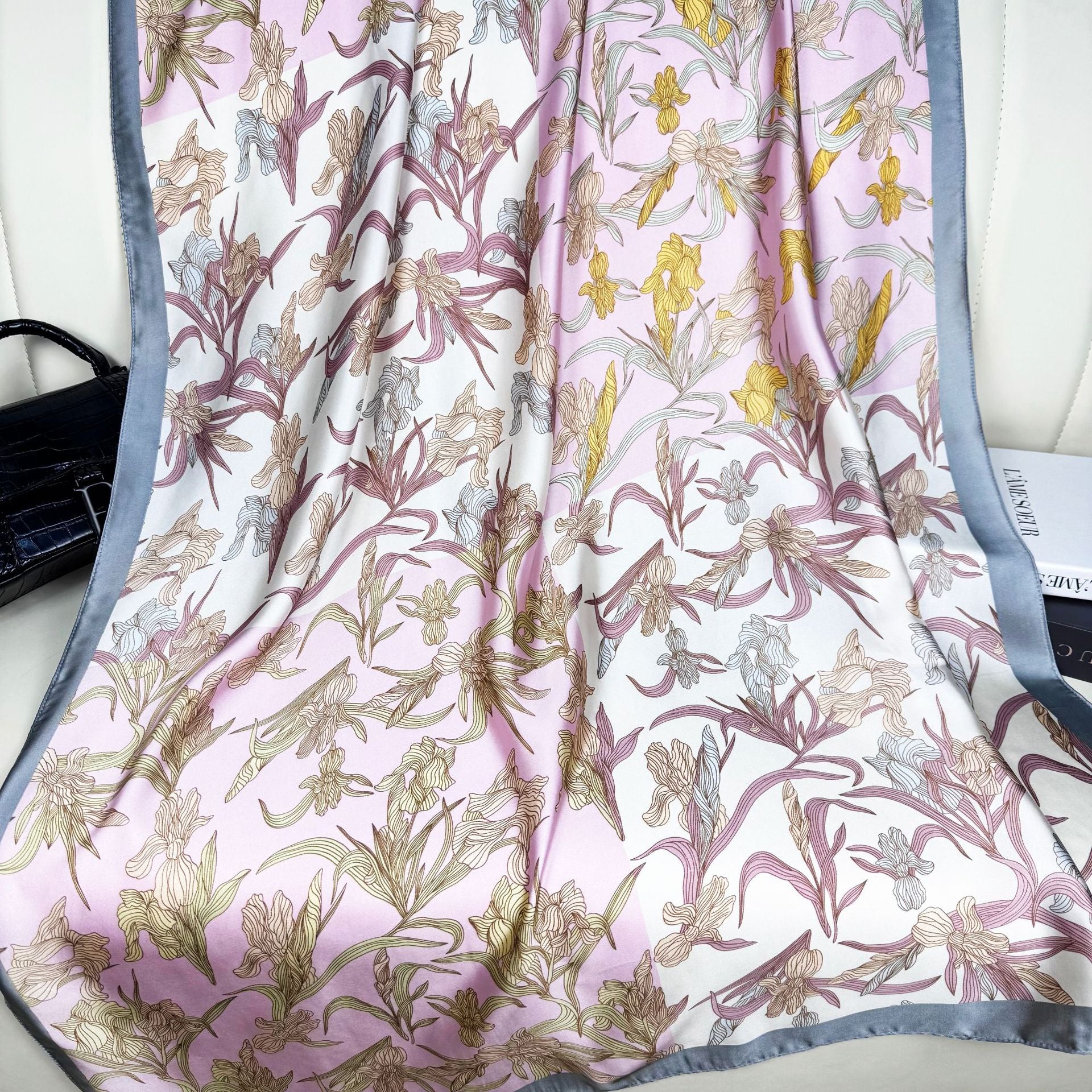 Simple and intellectual versatile brocade long silk scarf, fashionable women's decorative outer shawl travel and vacation scarf