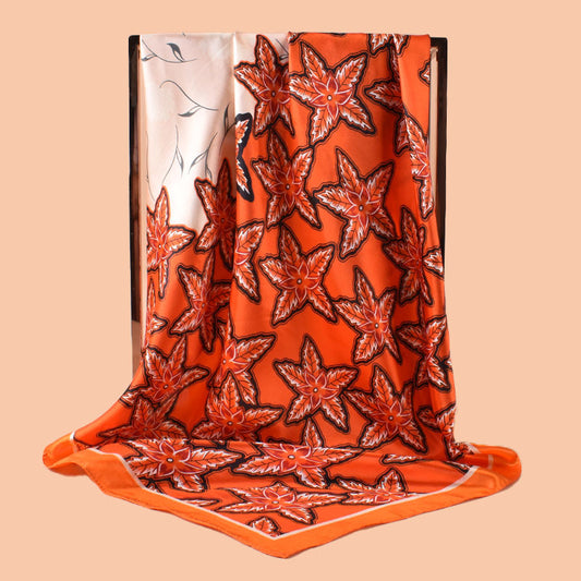 2025 new 90cm-color diced pentagram leaf printing square scarf with sunscreen, bag head silk scarf decoration, scarf