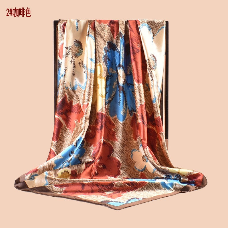 Spring new fashionable versatile large shawl imitation silk flower printing silk scarf head scarf 90-color square scarf