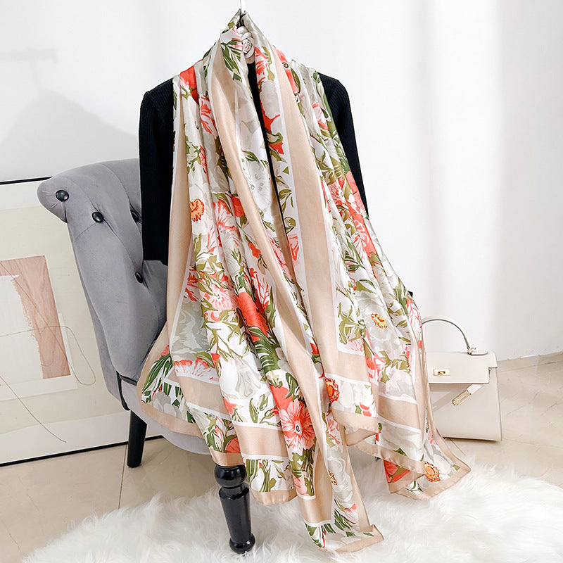 Stylish and elegant plant flower flower print long silk scarf, sweet and fresh literary girl with shawl