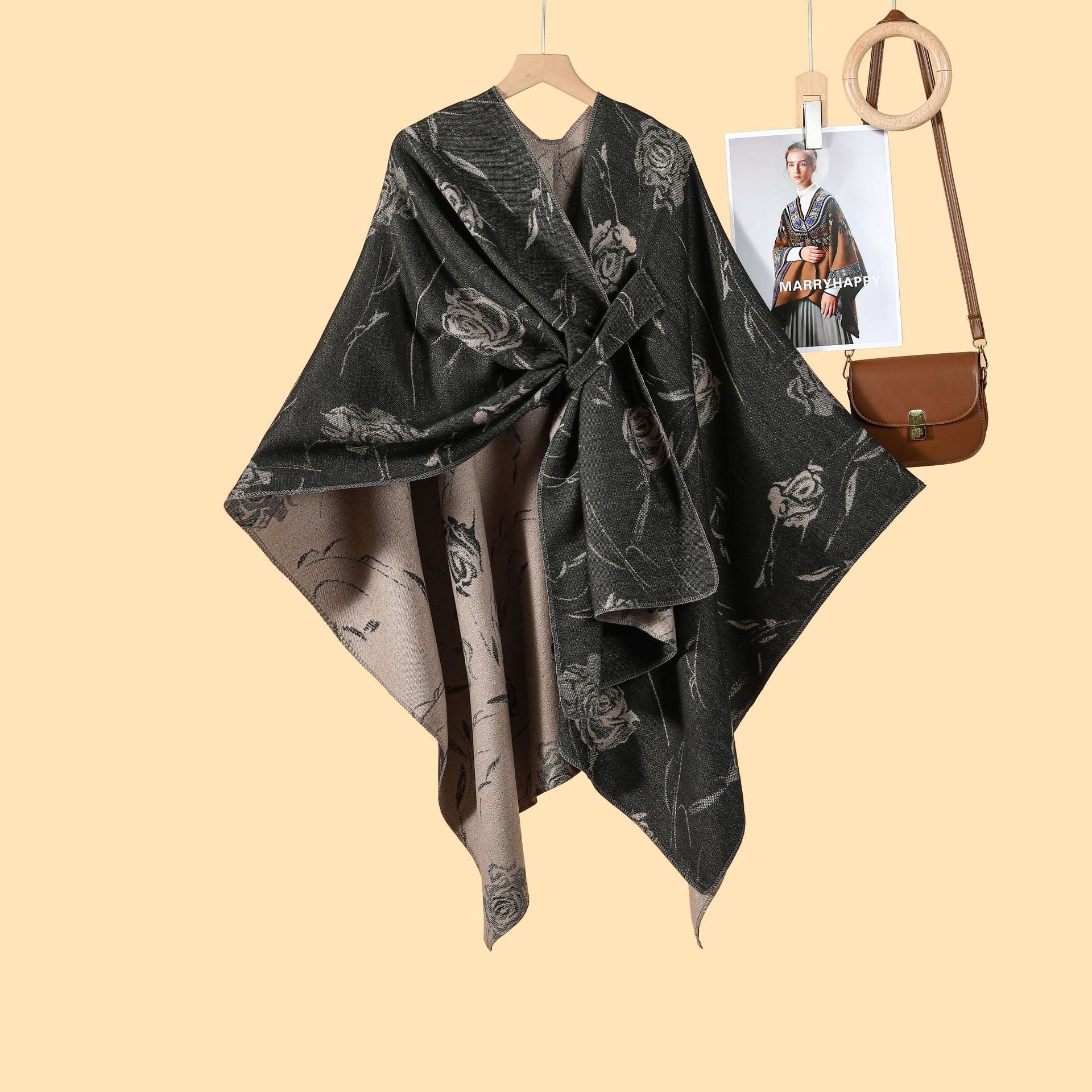 Ladies French Romantic Rose Split Shawl Cloak Multifunctional Side Straps Outside with Warm Cardigan New
