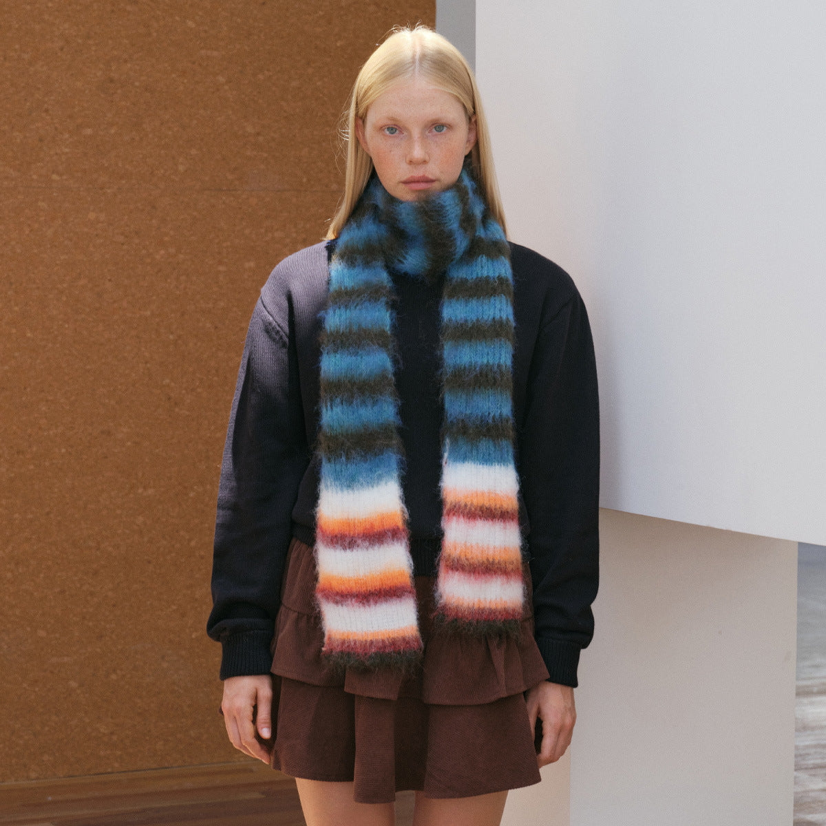 Korean designer order contrasting color striped knitted scarf women's autumn and winter niche fine narrow soft waxy wool scarf