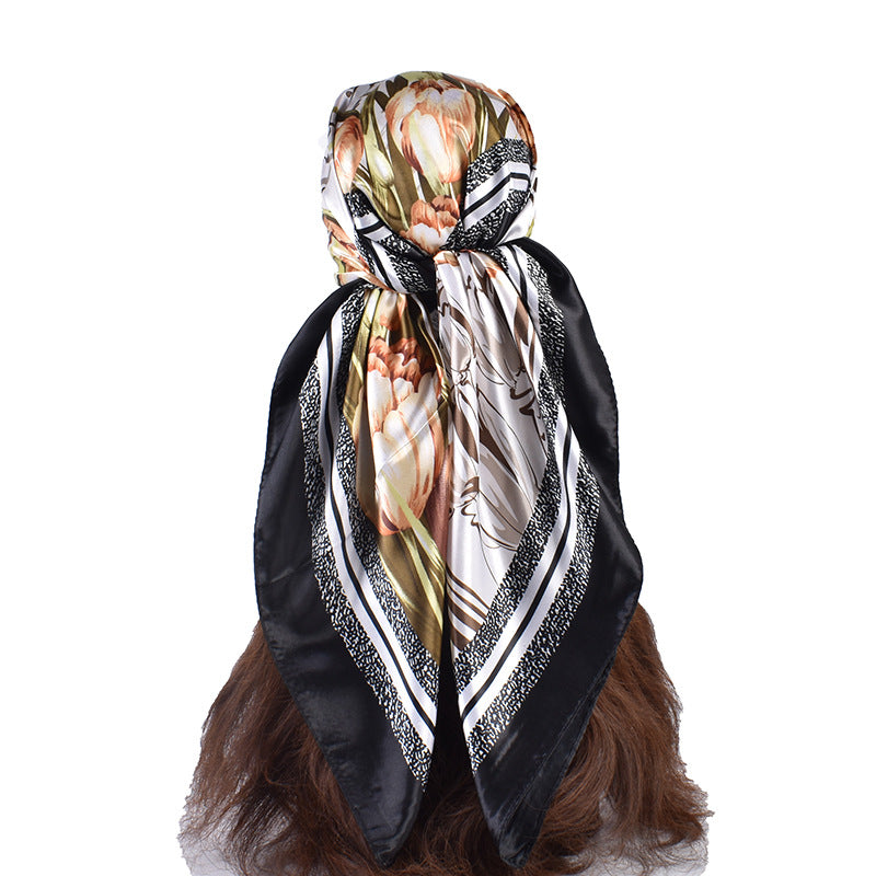 Summer new fashion versatile tulip bouquet print 90-color square scarf silk scarf headscarf