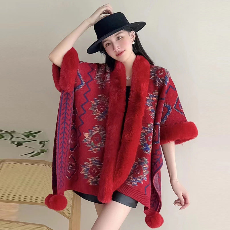 Autumn and winter new ethnic style hairball cape cape cape with jacquard loose knitted cardigan jacket women