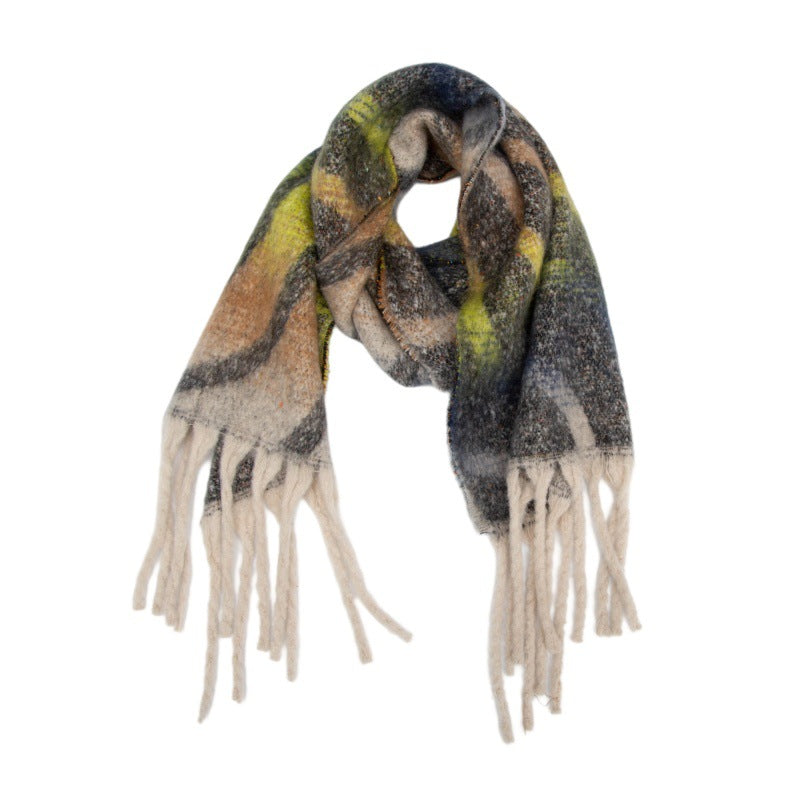 2025 new European, American autumn and winter circle yarn jacquard wavy fringed scarf