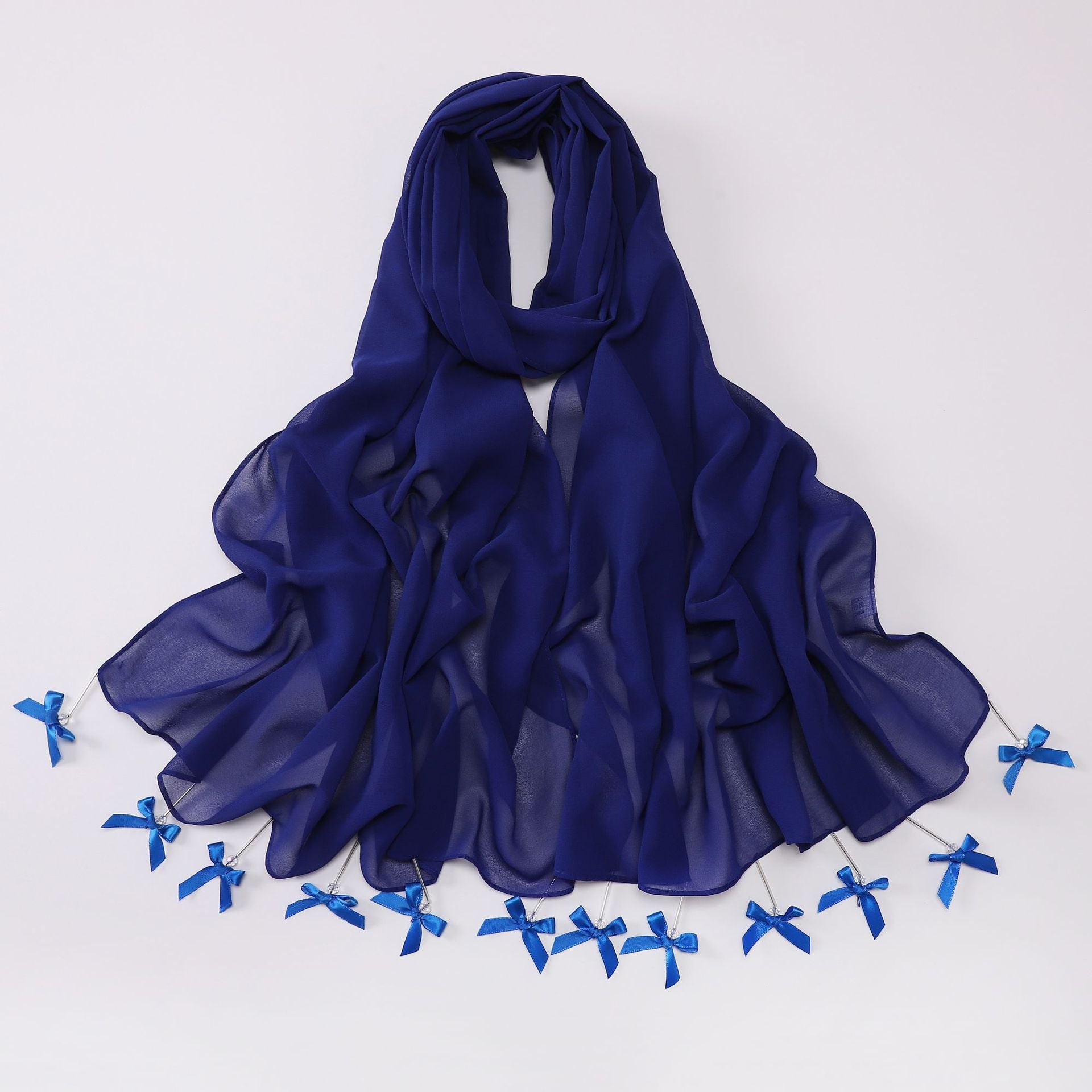 Hand sewn glass tube bow chiffon long towel yarn scarf Malaysia small fresh headscarf