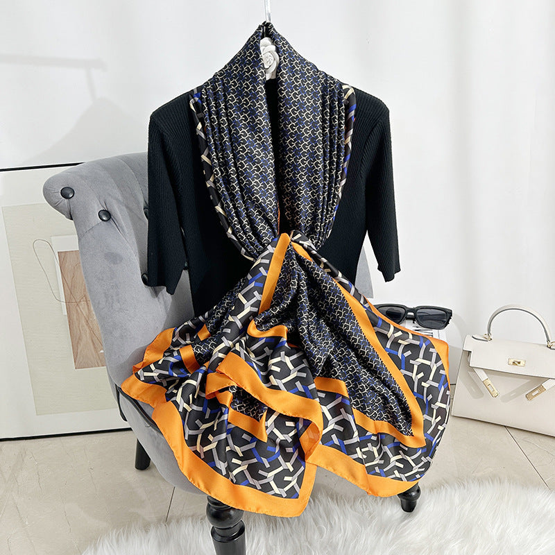 Fashion versatile color geometric line printed scarf, ethnic women's decorative headscarf, shawl outside clothes