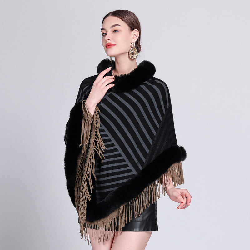 Cross-border Europe, America, autumn and winter new pullover knitting fashion contrasting colors fringed cape shawl shawl outside