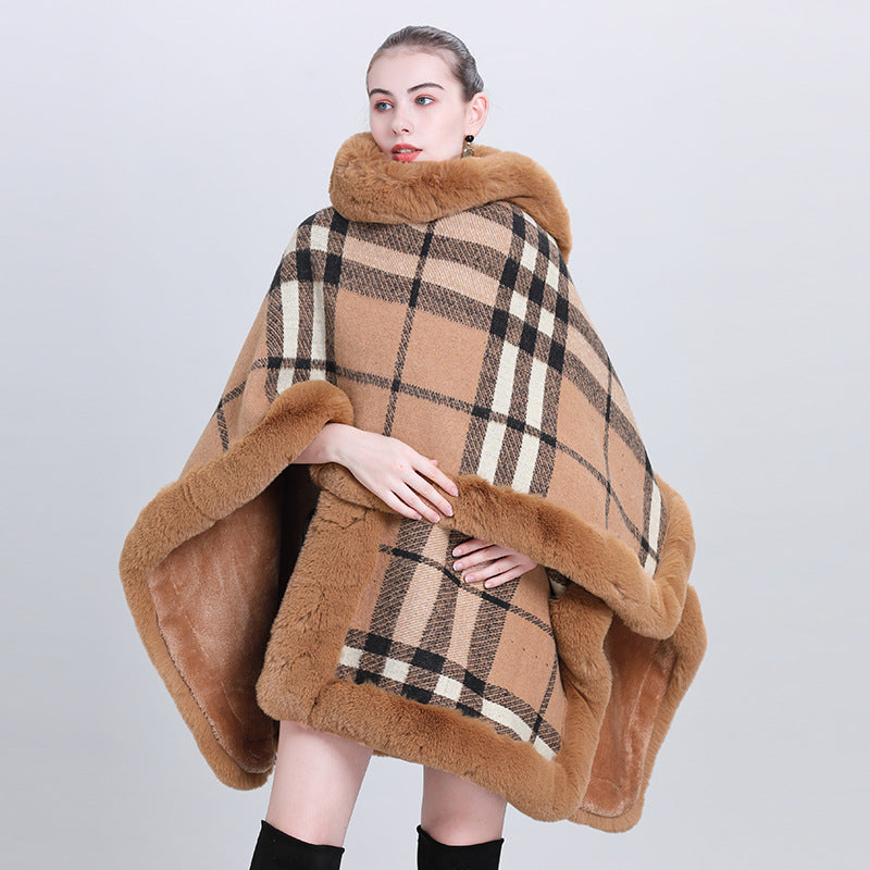 European and Korean autumn and winter new cape shawl fleece thickened plaid fur collar hooded knitted shawl scarf shawl 0992