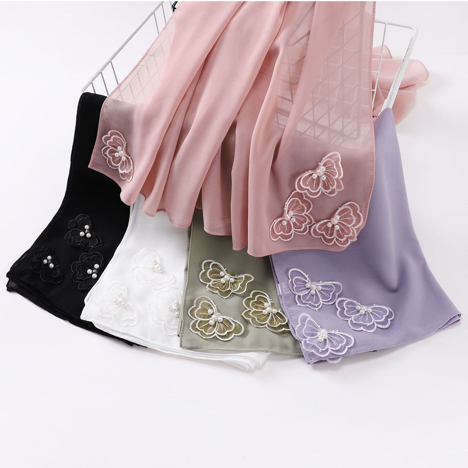 Four-corner butterfly bead pearl chiffon square scarf 90 * 90cm gauze sweet headscarf