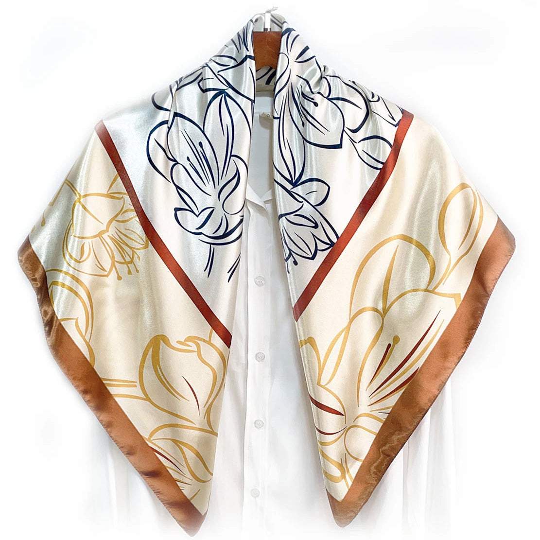 Elegant temperament women's decorative scarf, imitation silk satin plant flower flower printed silk scarf, bag head square scarf