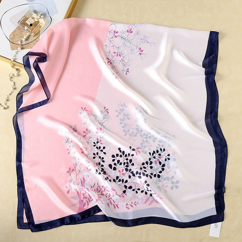 Fashion versatile color matching plant flower simulation silk printing long silk scarf, temperament women's vacation sunscreen