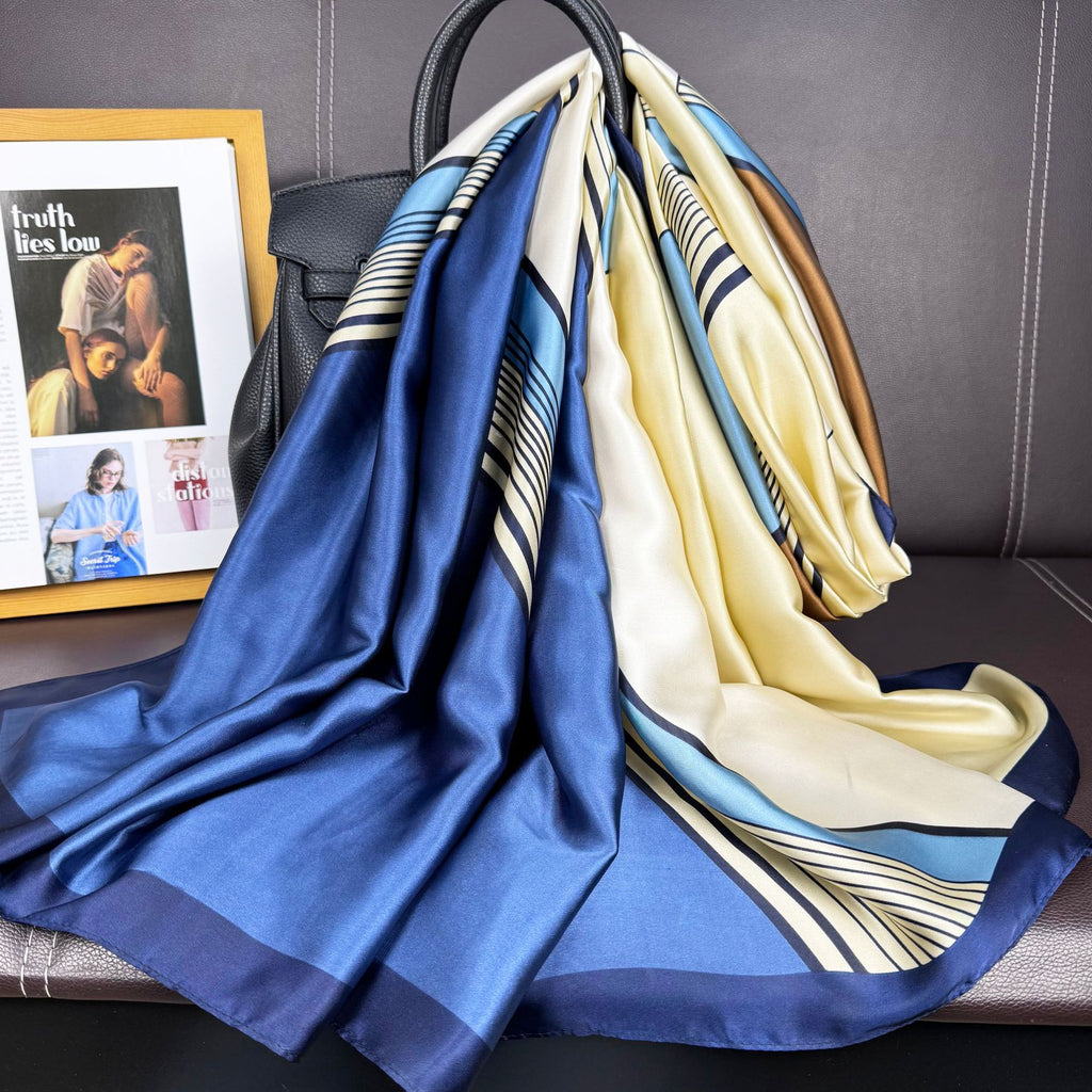 Simple and versatile geometric contrasting lines, bright brocade long silk scarf, intellectual fashion and elegance, women's outer shawl