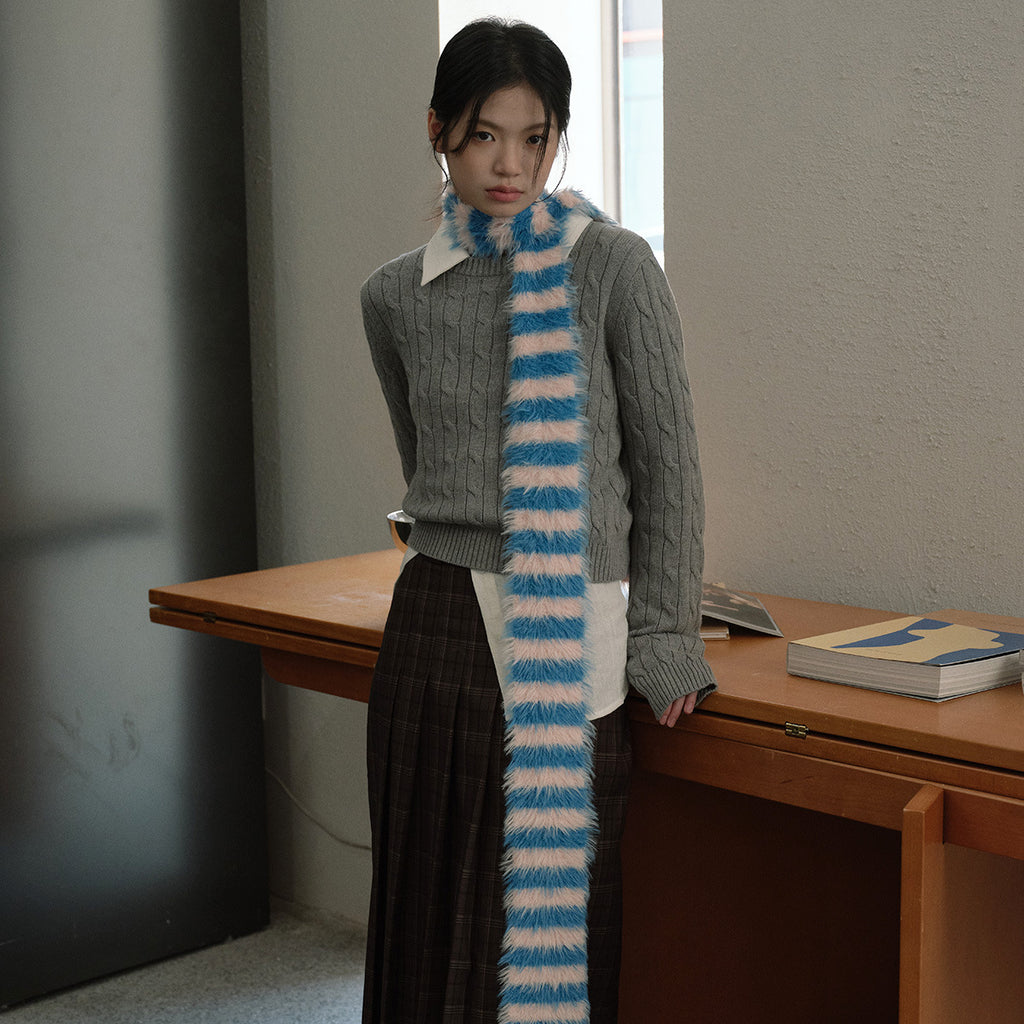 Long-haired imitation mink niche millennial retro striped knitted scarf women's winter decoration soft wool scarf