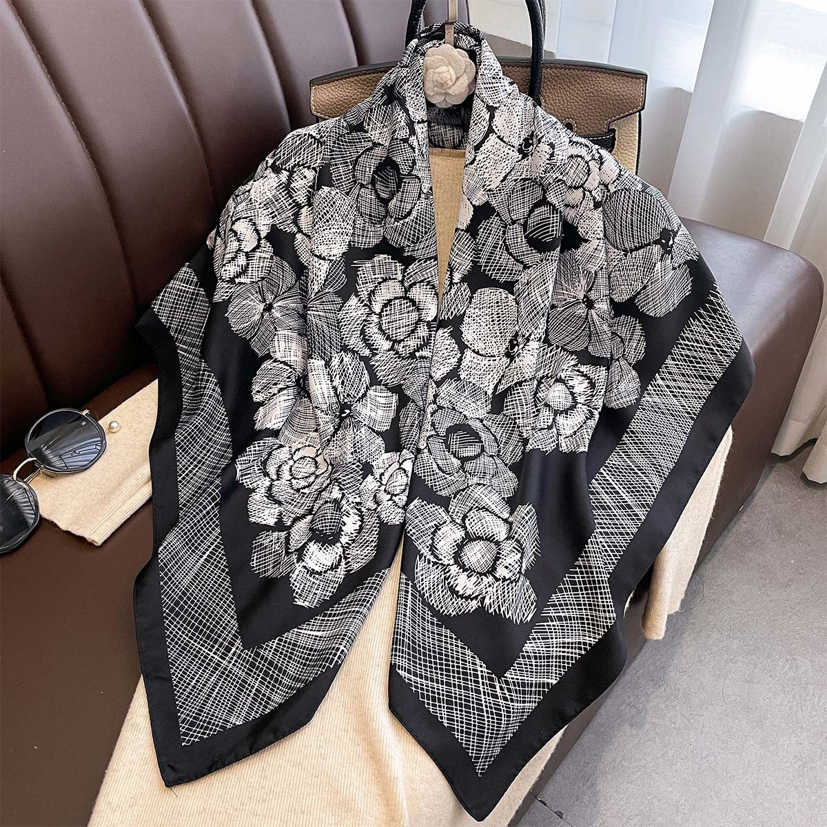 Spring and Autumn Thin Plant Flower Printing Neck Protection Scarf Women's 90 Twill Square Scarf Premium Foreign Shawl