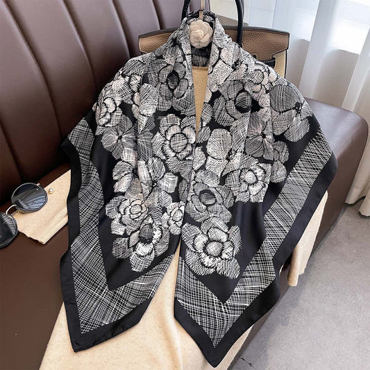 Spring and Autumn Thin Plant Flower Printing Neck Protection Scarf Women's 90 Twill Square Scarf Premium Foreign Shawl