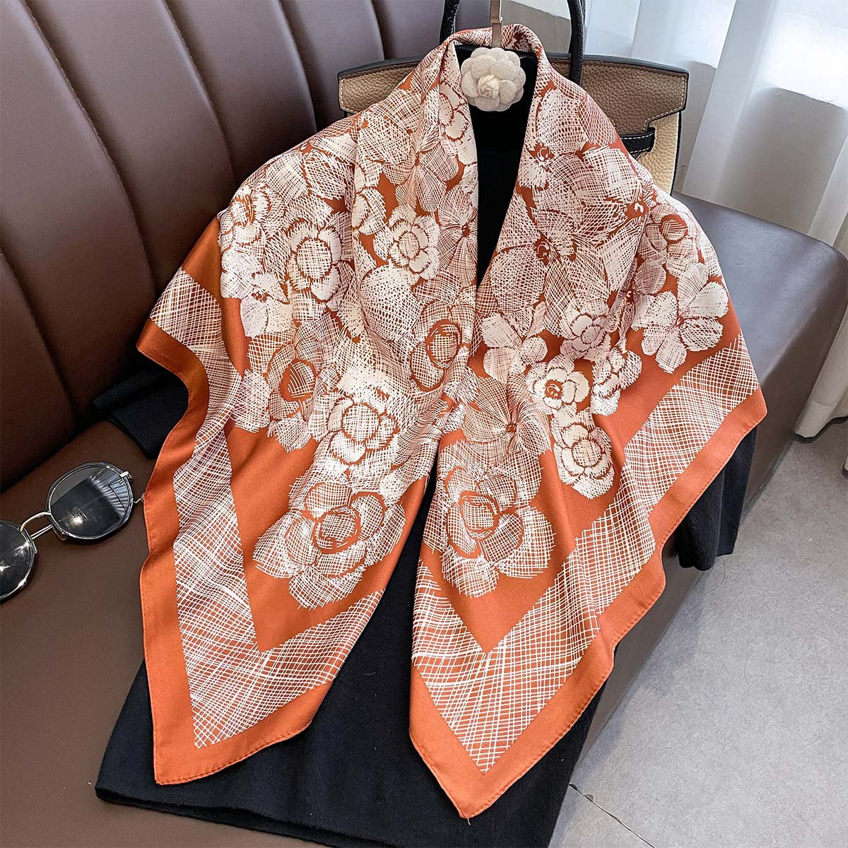Spring and Autumn Thin Plant Flower Printing Neck Protection Scarf Women's 90 Twill Square Scarf Premium Foreign Shawl