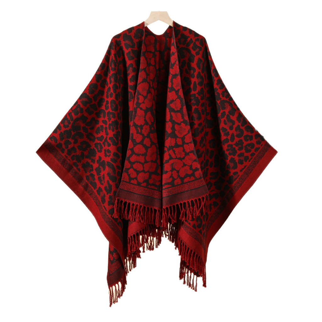European and American fashion classic leopard print fringed split shawl new women's street popular imitation cashmere cardigan