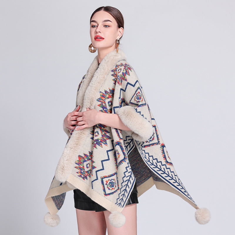 Autumn and winter new ethnic style hairball cape cape cape with jacquard loose knitted cardigan jacket women