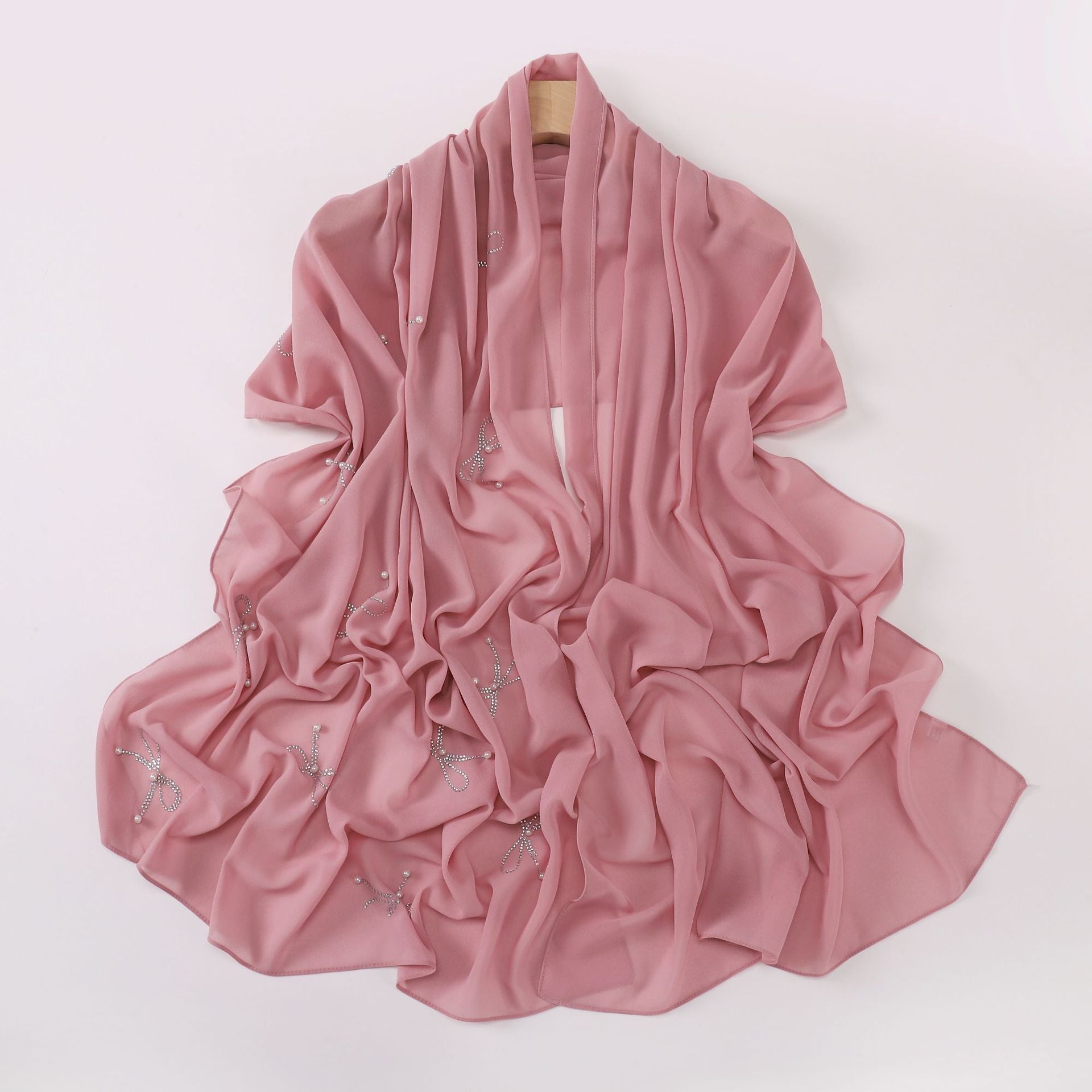 New pearl chiffon bow hot diamond beads long towel yarn towel small fresh headscarf women