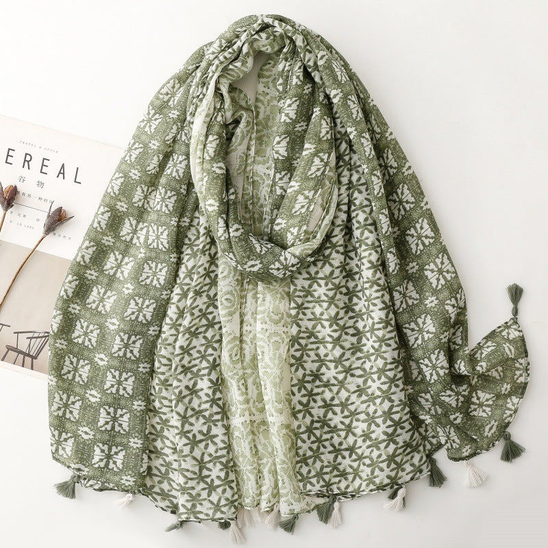 Spring and summer cotton and linen feel scarf celebrity style geometric style fringed silk scarf warm shawl