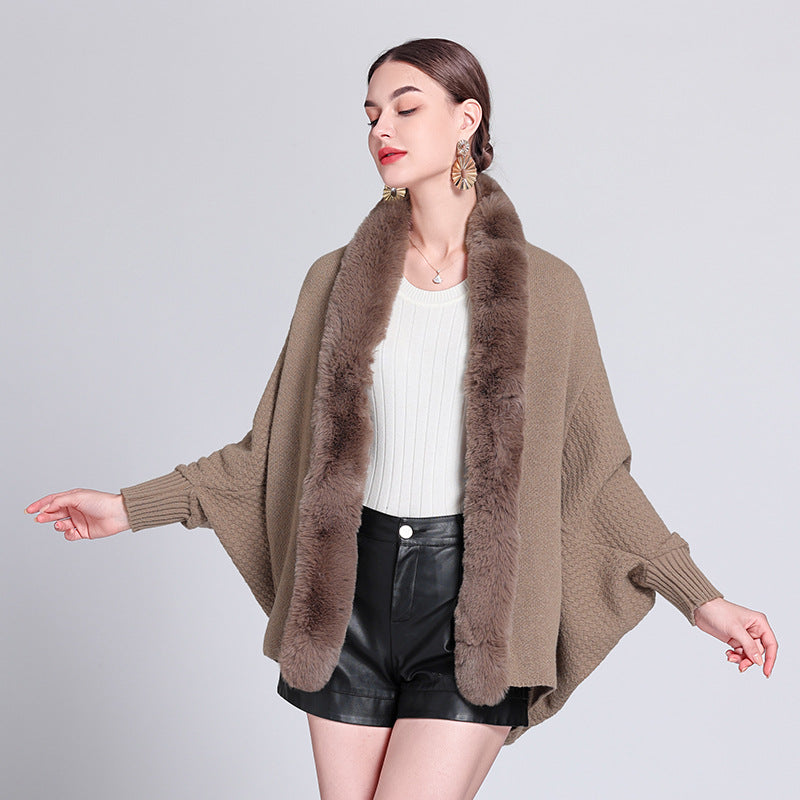 Autumn and winter new fashion loose fur collar bat sleeve knitted cardigan shawl with cape jacket women 1226