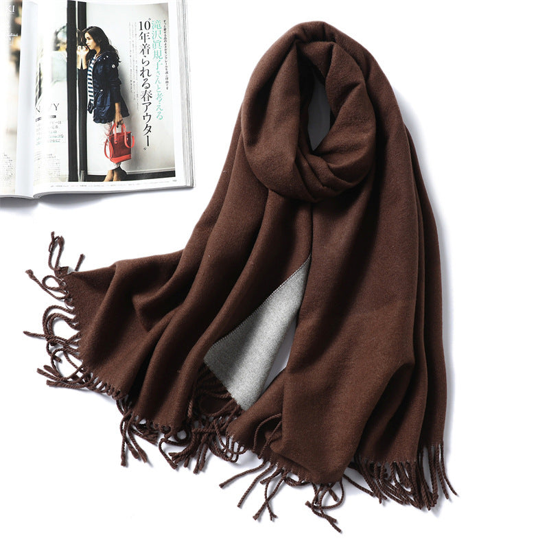 Simple solid color imitation cashmere scarf men's and women's winter thickened warm double-sided two-color versatile fringed shawl core-spun yarn