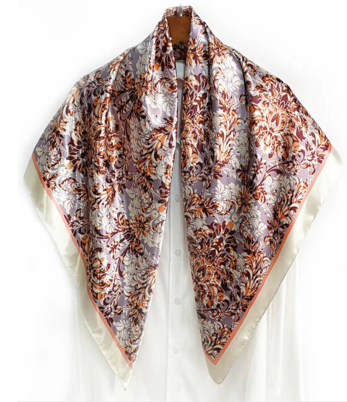 Simple and elegant plant flower flower, satin 90 square scarf, high-end women's headscarf with hand gift silk scarf