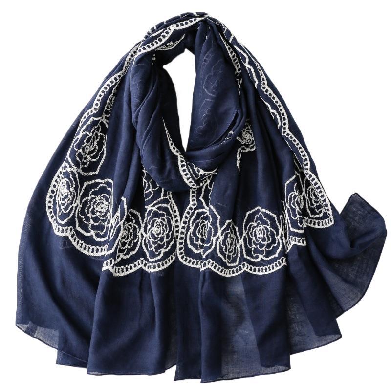 Solid color ethnic style embroidery embroidered scarf rose silk scarf travel shawl