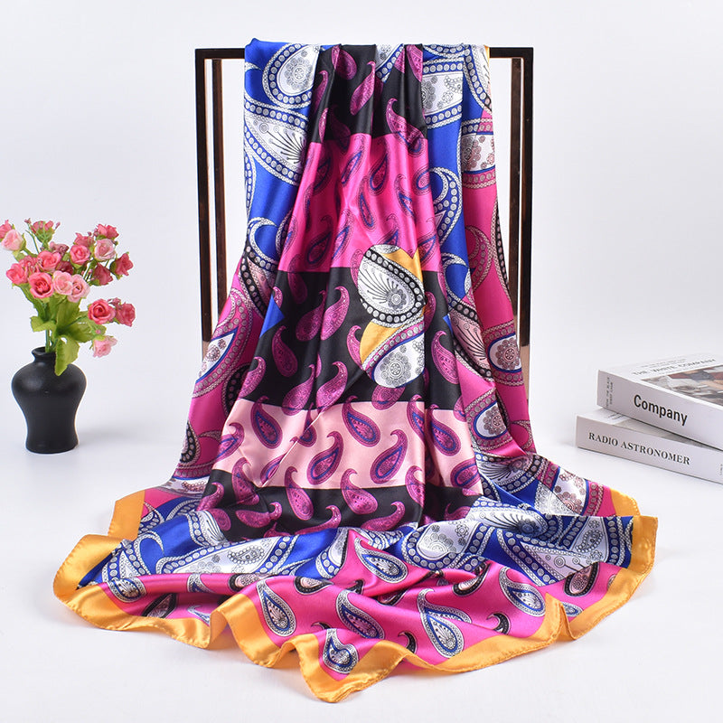 New French simple cashew flower pattern printing 90cm satin square scarf scarf silk scarf
