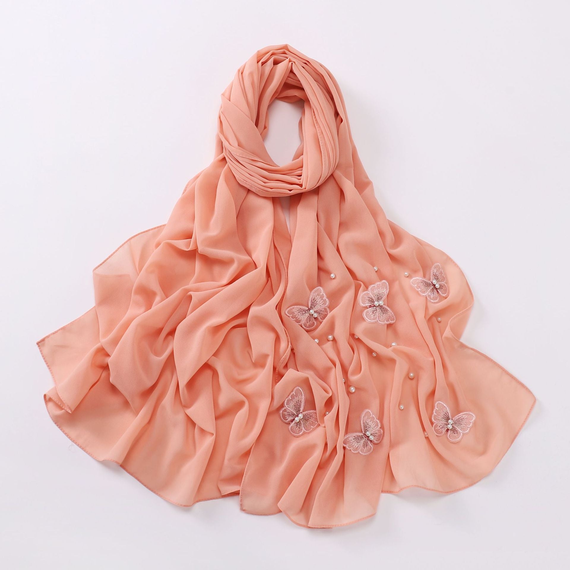 Pearl chiffon three-dimensional butterfly flower bead scarf gauze Malaysian headscarf