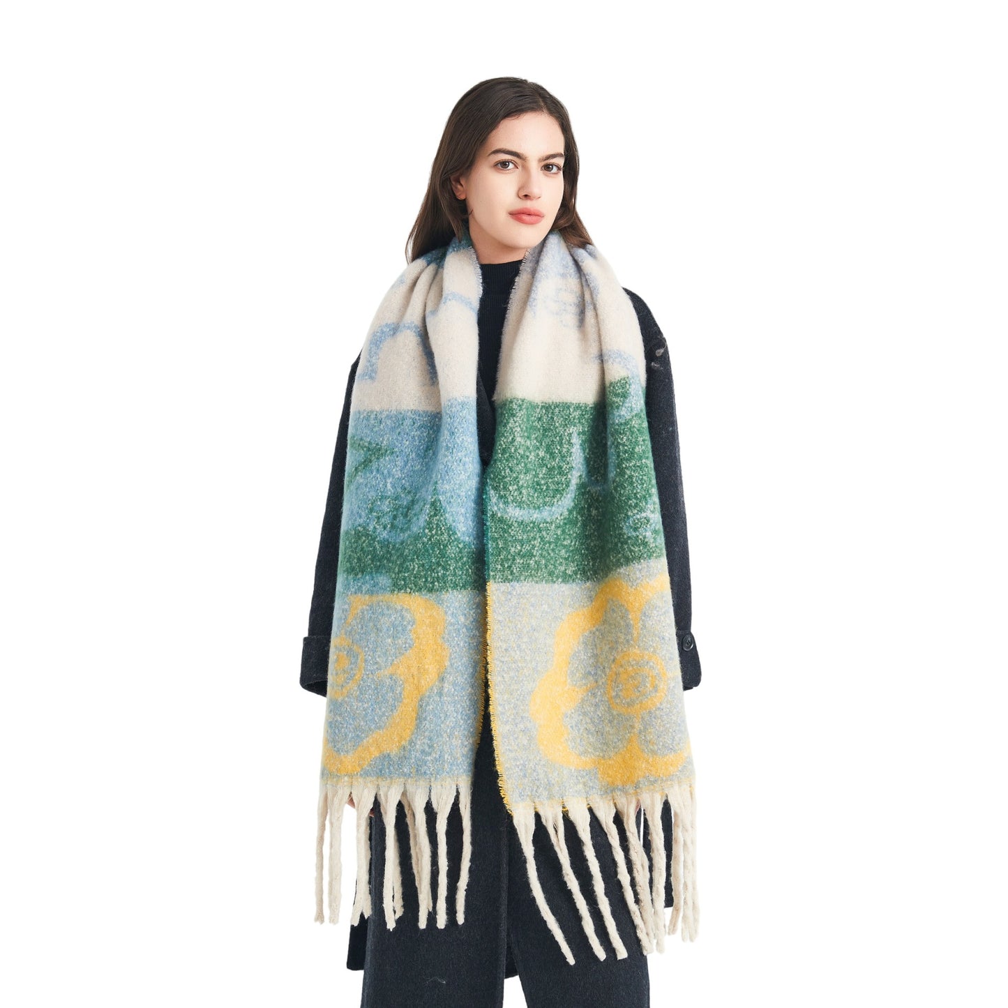 European, American autumn and winter new loop yarn imitation mohair jacquard four-leaf flower scarf