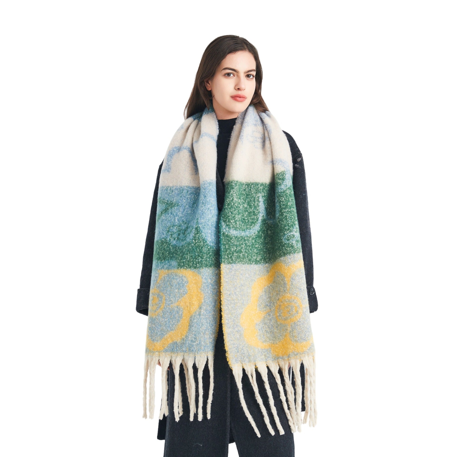 European, American autumn and winter new loop yarn imitation mohair jacquard four-leaf flower scarf