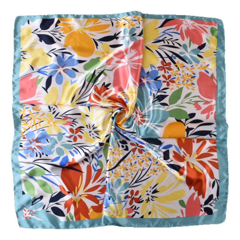 2025 new 90cm-satin cartoon flower versatile printed square scarf with sunscreen, bag head silk scarf decoration, scarf