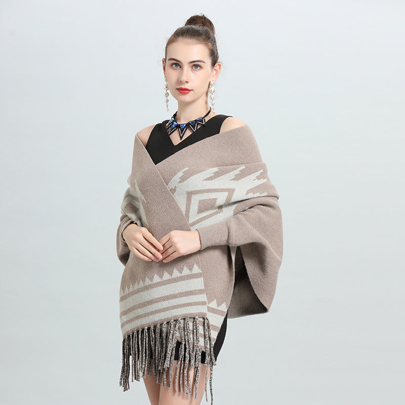 European and American autumn and winter new striped fringed bat-sleeved knitted sweater cardigan shawl scarf dual-purpose 0910 #